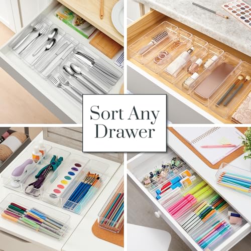 STORi SimpleSort 6-Piece Stackable Clear Drawer Organizer Set | 9" x 3" x 2" Rectangle Trays | Narrow Makeup Vanity Storage Bins and Office Desk Drawer Dividers | Made in USA - size: 9x3x2" (Set of 6)