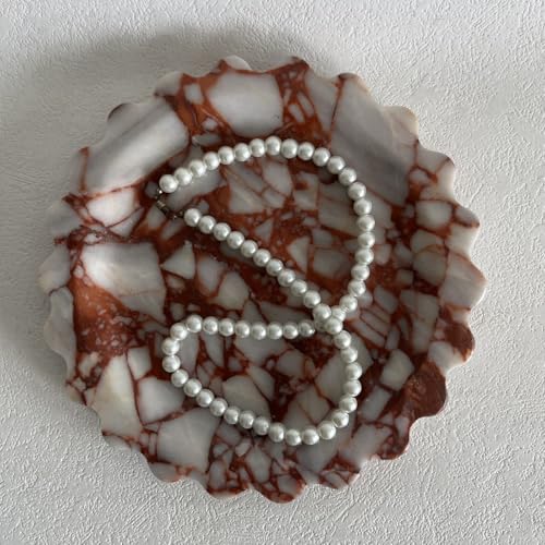 Marble Scalloped Tray Round Wave Tray Small Serving Platter for Counter, Bathroom, Kitchen, Nightstand, Jewelry Ring Dish Holder (Calacatta Red) - color: Calacatta Red
