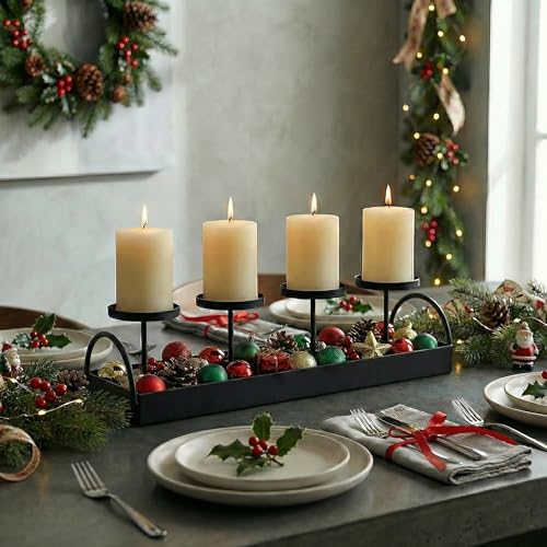 Rectangular Candle Holder, Black Metal Candle Stand | Modern Multi-Candle Display | for Dining Table, Bar Top Decor | Length 36CM/14.2 Inches