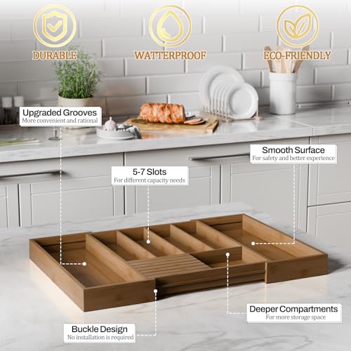 Bamboo Kitchen Silverware Drawer Organizer - Expandable Wood Utensil Holder with Dividers, Luxury Cutlery Storage Tray for Kitchen Utensil and Flatware (5-7 Slots with Removable Knife Block, Walnut) - color: Walnut
