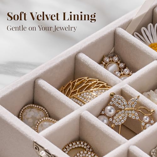 48 Grid Earring Organizer and Storage: Velvet Jewelry Tray with Lid, Jewelry Box for Studs, Earrings, Rings, Necklaces, Dresser & Vanity, Earrings Case for Girls, Women, 13"x8.6"x2.4", Beige - color: Beige