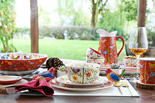 Bico Red Spring Bird Ceramic 14 inch Rectangular Serving Platter, Set of 2, for Serving Salad, Pasta, Cheese, Ham, Appetizer, Microwave & Dishwasher Safe
