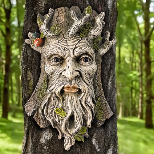 Teaeeno Whimsical Tree Face Garden Decoration, 11.8 in Tree Faces Decor Outdoor Wallmounted Statue Art with Leaf Features, Outdoor Decor Garden Accessory (Outdoors and Nature) - color: White