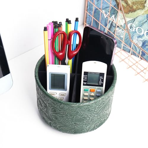 lizimandu Round Leather Art Supply Organizer,Remote Control Holder,360 Degree Spinning,Multi-Functional Pencil Holder,4 Compartments Desktop Stationary Organizer(1-Carved Cooper Green) - color: 1-Carved Cooper Green