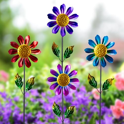 4 Pack Wind Spinner Outdoor,Waterproof Metal Flowers Windmill,Pinwheels for Yard and Garden, Flower Wind Sculpture & Spinner for Patio Lawn Decor - size: Sunflowers-4Pack