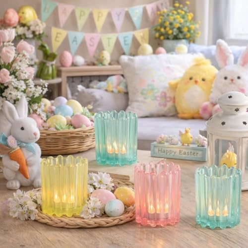 HAVITI Glass Pink Votive Candle Holder, Blue Baby Shower Ribbed Frosted Votive Candle Holders Set of 12, Mixed Color Tealight Candle Holder for Wedding Centerpieces Dinner Party Table Decor - color: Pink&blue&yellow