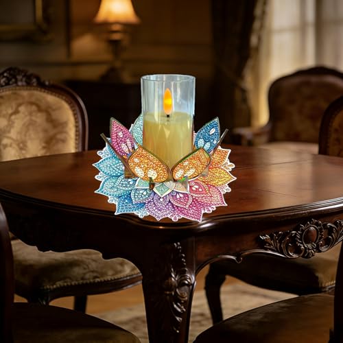 DIY Diamond Art Painting Candlestick Holders 5.71in Mandala Flower Shape Desk Candle Tray Tabletop Ornaments for Wedding Ramadan Party Home Table Centerpiece-Mandala03 - color: Mandala03