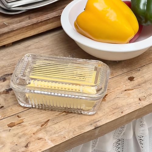 Clear Glass Butter Dish with Lid for Countertop, 6.5" Crystal Butter Dish with Cover, Covered Butter Tray for Refrigerator - size: 6.5inch