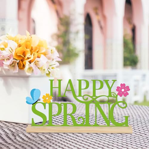 COCHIE Metal Happy Spring Sign, Spring Decorations for Home, Office, Shelf, Mantel, Indoor, Spring Flower Decor, Spring Butterfly Table Top Party Decoration (Spring) - style: Spring