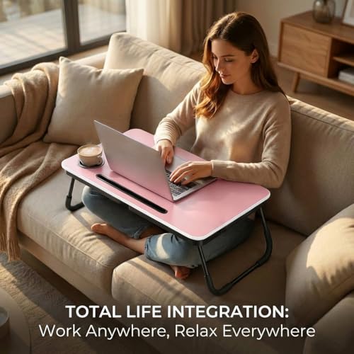 BUYIFY Foldable Laptop Bed Desk for Couch, Sofa - Large Lap Desk Tray Table with Cup Holder and Tablet Slot - Portable Notebook Stand for Eating, Writing, Studying and WFH (Pink) - color: Pink