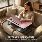 BUYIFY Foldable Laptop Bed Desk for Couch, Sofa - Large Lap Desk Tray Table with Cup Holder and Tablet Slot - Portable Notebook Stand for Eating, Writing, Studying and WFH (Pink) - color: Pink
