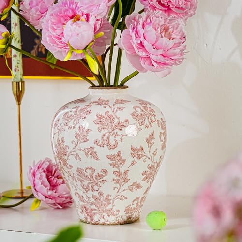 Sungmor Vintage Ceramic Flower Vase - 9.4 Inch Retro Ice Cracked Glaze Chinoiserie Vase, Rustic Farmhouse Home Décor Accent for Dried Flowers, Greenery - Table Centerpieces, Shelf, Mantel Decor - color: Pink
