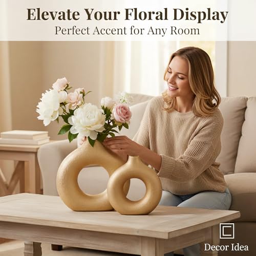 Modern Donut-Shaped Decorative Vases, Handmade Minimalist Boho ins Style, Modern Vase for Home Decor for Wedding Dinner Table Party Living Room Office Bedroom (Gold, Large + Small) - color: Gold, size: Large + Small