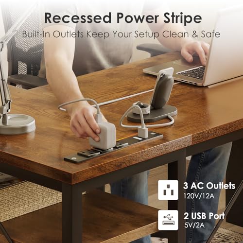 AODK 55 inch L Shaped Computer Desk with Drawers, Reversible Computer Desk with Storage Shelves, Home Office Desk with Built-in Power Outlet, Rustic Brown - color: Rustic Brown, size: 55 Inch