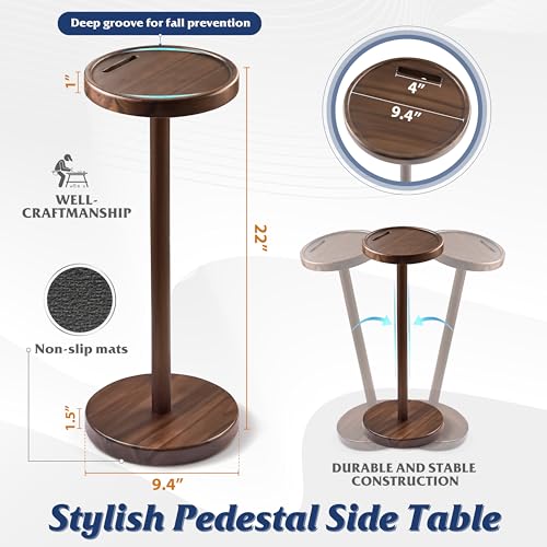 BLUEWEST Drink Table, 22" Tall Compact Side Table with Phone Slot and Weighted Base, Durable Pedestal Table Accent for Living Room (Flat, Walnut) - color: Walnut C
