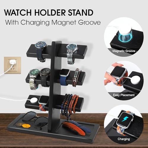 Watch Stand for Men, Watch Display Stand with Charger Groove, Wooden Watch Holder Stand, Jewelry Holder Organizer for Rings, Jewelry, Coins Bracelets, Great Gifts for Men Women, Black - color: Black