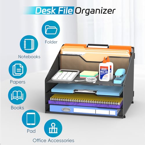 Desk File Organizer, Paper Organizer with 4 Letter Trays and 2 Vertical Upright Sections, Desk Organizers and Accessories for Office, School, Home, Black - color: Black