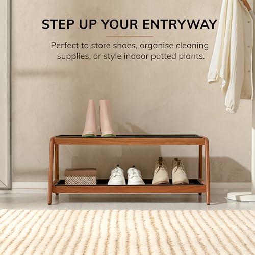 Anji Mountain Heavy Duty Waterproof Wooden Shoe Storage Mat Organizer/Boot Storage Tray Multi Use for Entryway with Coir, Tan and Black Diamond Insert, 2 Tier, Fits 6 Pair (36.5" Wide) - color: Tan and Black Diamond, size: 2 Tier, Fits 6 Pair