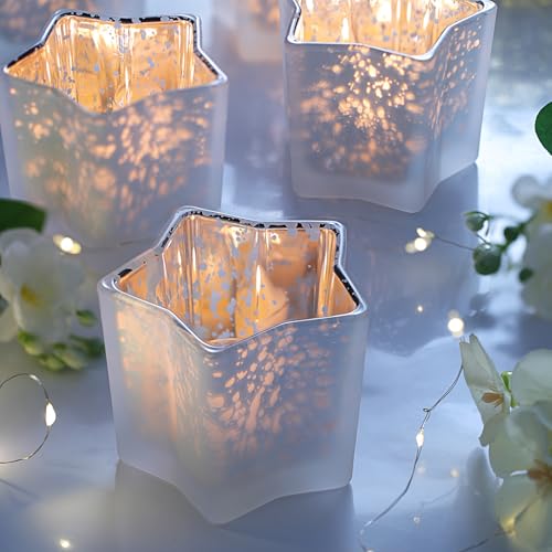 Letine 8pc Frosted White Star Tea Light Candle Holders - Mercury Glass Votive Holders for Wedding, Diwali, Fall & Holiday Decor - Elegant Starlight Vessels (2.44" Height, 1.45" Base) - color: Frosted White, size: 8pcs