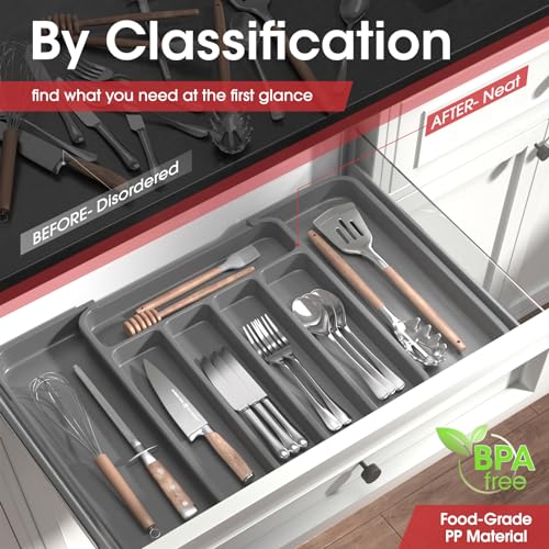 Aujen Silverware Organizer - Expandable Kitchen Drawer Organizer, Adjustable Utensil Organizer, Cutlery Tray for Forks, Knives, Multipurpose Kitchen Organizers and Storage Solution, Grey, Medium - color: Grey, size: Medium