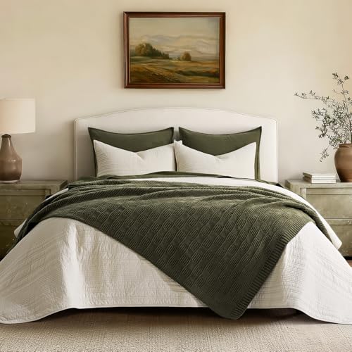 EVERGRACEHOME Modern Checkered Chenille Throw Blanket, Soft Cozy Plaid Knitted Blanket for Sofa & Couch, Decorative Knit Throw for Bed and Living Room, Olive Green, 60" x 80" - color: Checkered Olive Green, size: 60" x 80"
