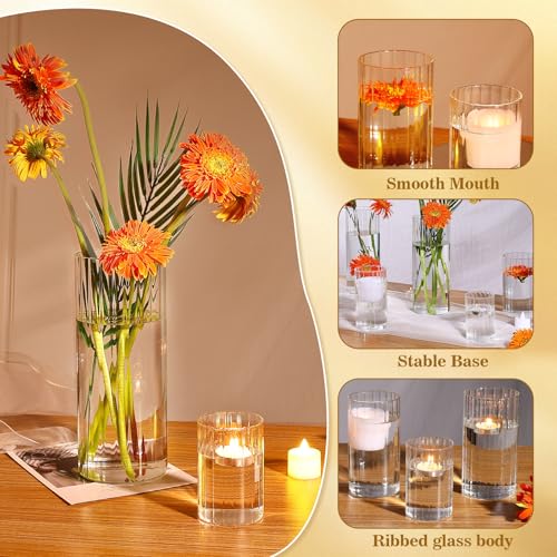 36 Pack Ribbed Glass Cylinder Vases 4,6,10 Inch Tall Clear Flower Vase Hurricane Floating Candle Holder for Table Centerpiece Wedding Home Decor - size: 36 Pack Ribbed(4,6,10 Inch)