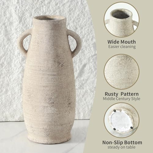 Ceramic Rustic Farmhouse Vase, Distressed Decorative 12 Inch Flower Vase for Home Decor, Ideal Shelf Decor, White Boho Vase for Living Room Bedroom Kitchen Office Decor Centerpiece Table Decorations - color: 203-1-12in