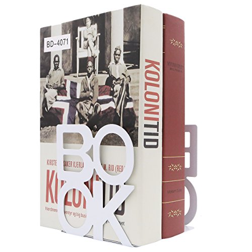 A Pair of Simple Style Book Pattern Desktop Bookends, Nonskid Metal Book Ends Book Stands for Home Office Library School Deck Decoration (White) - color: White