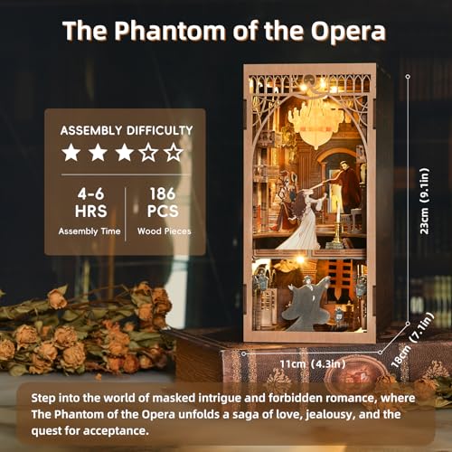 MiniCity DIY Book Nook Kit for Adults, 3D Wooden Puzzle Bookend Bookshelf Insert Decor with LED Light and Dust Cover (Phantom of The Opera) - style: Phantom of The Opera