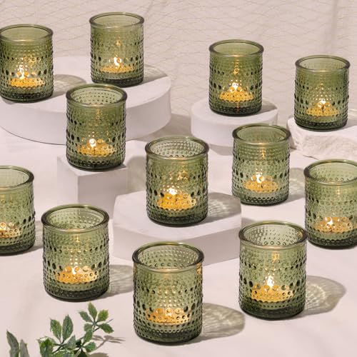 30 Pcs Green Votive Candle Holders, Glass Tea Lights Holder with Polka Dot Embossed, Vintage Candle Holder for Weddings, Home Decor, Baby Shower, Special Occasions - color: Green