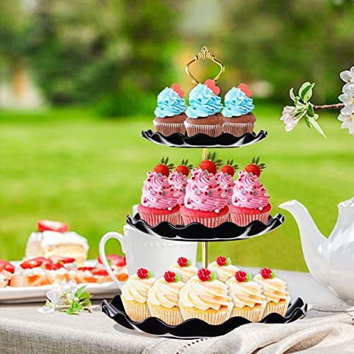 BACUTHY 3 Tier Cupcake Stand Holder, Plastic Cup Cake Stand Towel with Tiered Serving Tray for Cupcakes, Donuts, Fruits and More, White (Black) - color: Black