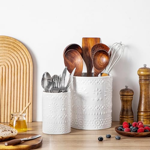 LOVECASA Utensil Holder, 7.2"+5.4" Ceramic Utensil Holder for Countertop, Large Cooking Utensil Crocks for Kitchen Counter, Farmhouse Utensil Vase for Housewarming, Kitchen Decor, Set of 2, Snow - color: Snow, size: 7.2"+5.4" (Set of 2)