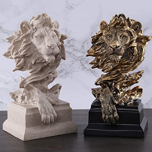 H&W Sandstone Lion - The King of Beasts - Statue Decoration for Home/Study/Living Room, Great Collectible Figurines, Best Gift for The Man, Golden Color (HH17-D2) - color: Golden