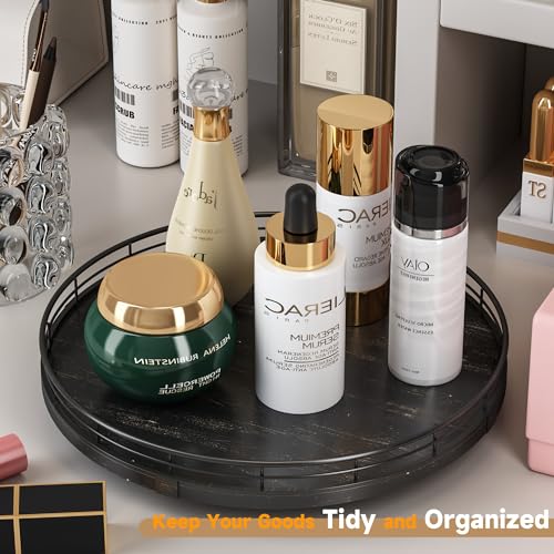 12" Oak Bathroom Vanity Tray Turntable for Perfume Candle, Round Wooden Decorative Tray for Kitchen Sink Countertop Organizer, Bathroom Counter Organizer for Skincare Makeup, Farmhouse Black Gold - color: Black, size: 12 inches