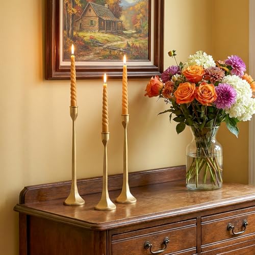 Vintage Gold Taper Candle Holders Set of 3 Cast Iron Antique Brass Decorative Candlestick Holder for Wedding Dining Table Party Rustic Home Decor - color: Gold