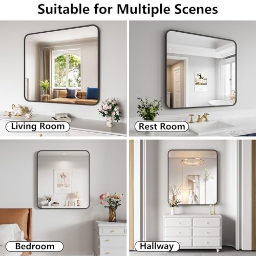 Koonmi Bathroom Mirror, 36X40 Brushed Black Rectangle Wall Mirror, HD Tempered Glass, Anti-Rust Frame Vanity Mirror, Rounded Rectangle Mirror for Restroom, Bedroom, Hangs Horizontal or Vertical - color: Rounded Edged, size: 40"L x 36"W