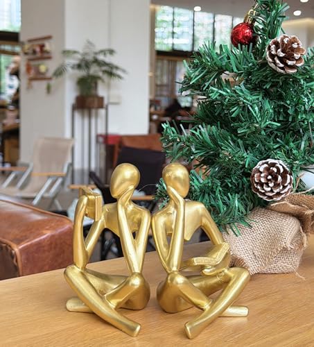 Prettidecor Thinker Statue Set of 2, Abstract Art Reading Sculpture Figurine, Modern Aesthetic Home Decoration for Living Room Bedroom Office Shelves Coffee Table Desk Bookshelf Decor (Gold) - color: Gold