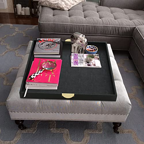 HofferRuffer Extra Large Square Serving Tray, Elegant Faux Leather Ottoman Tray with Gold Hardware Handles, Serve Tea, Coffee or Breakfast in Bed, 23.6 x 23.6 inches, Black Large Square - color: Black, size: 23.6" x 23.6" x 2"