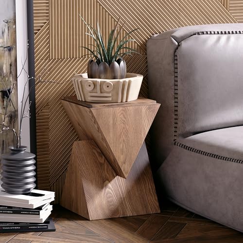 COZAYH Modern Geometric Wood Grain End Table with Structural Design, Farmhouse Side Table with Sculptural Pedestal Base for Living Room, Bedroom, Office, Fully Assembled, Natural