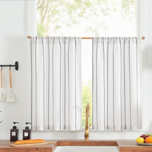 jinchan Linen Striped Kitchen Curtains Tier Cafe Curtains for Living Room Bathroom RV 24 Inch Farmhouse Rustic Half Window Treatment Light Filtering 2 Panels Black on White - color: Cottage Striped Black, size: 26"W x 24"L (Pack of 2)