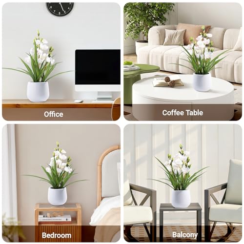 Artificial Orchid Flowers Fake Cymbidium Plant in Pot, 19" Tall Faux Orchids for Home Decor Indoor, Lifelike Silk Flowers for Centerpieces Office Arrangement-White