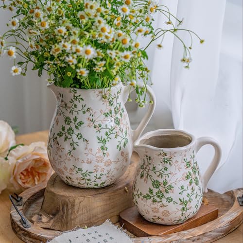 Ceramic Green and White Floral Vase with Handle, Rustic Farmhouse Pitcher Flower Vase, Chinoiserie Floral Vase for Home Decor, Living Room, Shelf, Office, Rustic Table Centerpiece 8 Inch - color: Green and White, size: Large Pitcher