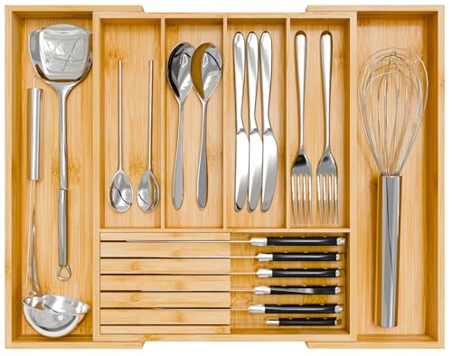 Bamboo Kitchen Silverware Drawer Organizer - Expandable Wood Utensil Holder with Dividers, Luxury Cutlery Storage Tray for Kitchen Utensil and Flatware (5-7 Slots with Removable Knife Block, Natural) - color: Natural