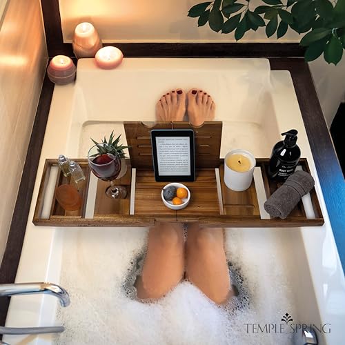 Temple Spring Foldable Bathtub Tray, Unique Design Selfcare Bathroom Caddy, Acacia Spa Bathroom Tray, Wooden Bathtub Accessories, Wedding Gift/Birthday Gift/New Home Bath Table – Not Teak - color: Foldable Acacia