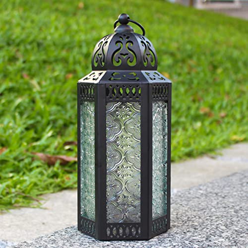CVHOMEDECO. Decorative Candle Lantern Moroccan Lanterns Vintage Black Metal Lantern Holder for Home Patio Outdoor Decor. Clear Glass, Medium - color: Clear