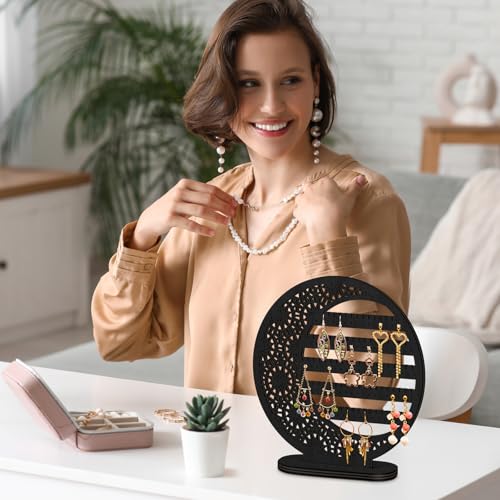 Kathfly Large Boho Moon Wooden Earring Display Organizer Stand Gift 10 Inch Floral Goth Earrings Stud Jewelry Holder Dangle Hanging Holder Gift for Women(Black) - color: Black