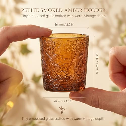 12 Pack Hummingbird Embossed Glass Candle Holders – Votive Tealight Holders with Patent Design, Decorative Embossed Glass Cups for Wedding Centerpieces, Parties, and Home Décor (Chestnut Brown) - color: Chestnut Brown