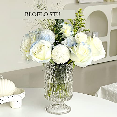 BLOFLO Embossed Glass Vase, 7'' Crystal Glass Vases, Pedestal Big Base Glass Bouquet Vase, Hydroponic Glass Transparent Vase for Home Office Wedding Dining Table Party (Long Rhombus Pattern) - color: Long Rhombus Pattern