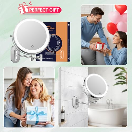 FUNTOUCH 5000mAh Rechargeable Wall Mounted Makeup Mirror with Lights,Double Sided 1X/30X Magnification,3 Color Lights,Touch Dimmable,Extended Arm 360 Rotation Lighted Bathroom Mirror - color: Polished Chrome