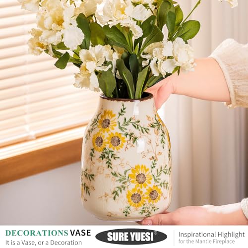 for Mom from Daughter or Son, Sunflower Vintage Ceramic Yellow Floral Vase 7.8”, Beige & Green Chinoiserie Decor, Rustic Tuscan Home Vase for Mantle, Table Centerpiece - color: Yellow Sunflower - 001